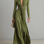 Women's Olive Silky Stretchy Dress With Deep V-Neck & Ruched Detail, Glamorous Maxi Dress