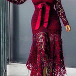 High-neck lace bow tie irregular long skirt