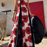 Floral Print Suspenders Paneled Back Pleated Maxi Dress