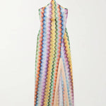 Playful Knit Colorful Zigzag Pattern Halter Slit Tassle Trim Maxi Dress