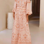 Long Sleeves Loose Belted Buttoned Contrast Color Printed Split-Joint Split-Side Lapel Maxi Dresses Shirt Dress