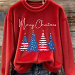 Women's Patriotic Christmas Tree With American Flag Colors Print Round Neck Sweatshirt