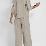 Linen Blend Solid Color Casual Round Neck Top and Loose Wide-leg Pants Set