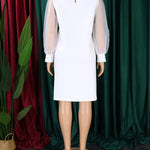 Puff Sleeves Beads Mesh Solid Color Split-Joint Round-neck Midi Dresses