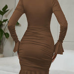 Bodycon Elasticated Waist Pleated Ruffled Solid Color Split-Joint V-Neck Midi Dresses