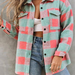 Pink Plaid Colorblock Casual Oversized Jacket