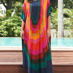 Batwing Sleeves Loose Contrast Color Printed Sun Protection Round-Neck Maxi Dresses
