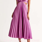 7 Colors Chicest V Neck Cut Out Waist Sleeveless Pleated Maxi Dress