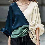 Long Sleeves Loose Color-Block Contrast Color Drawstring Elasticity V-Neck Blouses&Shirts Tops