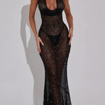Shine All Night Sheer Sequin Cowl Neck Halter Maxi Dress