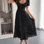 A-Line Loose Backless Pleated Solid Color Tied V-Neck Midi Dresses