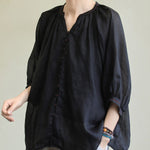 Black&Pink High-Low Half Sleeve Ramie Cotton Loose Shirt