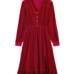 Racing Red Velvet Buttoned Puff Sleeve V Neck Split Midi Dress