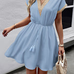A-Line Elasticated Waist Contrast Color Drawstring Hollow Split-Joint Tasseled Tied V-Neck Mini Dresses