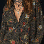 Retro Floral Print Curved Hem Ruffled Sleeves Blouse