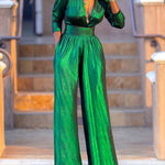 High Waisted Three-Quarter Sleeves Shiny Solid Color Deep V-Neck Jumpsuits Bottoms