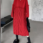 Long Sleeves Loose Solid Color Split-Joint Tasseled V-Neck Midi Dresses Sweater Dresses