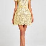 Champagne Toast Flower Lace Short Sleeve Bow Belted Mini Dress