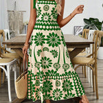 A-Line Loose Elasticity Flower Print Pleated Tied Spaghetti-Neck Midi Dresses