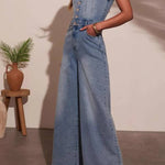 Washed Blue V-Neck Button Front Sleeveless Wide Leg Denim Jumpsuit