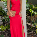 RED RUCHED MAXI DRESS WITH SLIT