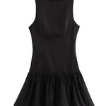 A-Line Loose Pleated Solid Color Split-Joint Zipper Round-Neck Mini Dresses