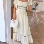A-Line High Waisted Pleated Ruffle Trim Split-Joint Zipper Square-Neck Midi Dresses