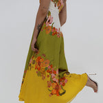 Linen Blend Contrast Floral Print back smocked Pocket Maxi Dress