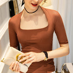 Simple Solid Color Square-Neck Half Sleeves Shirt