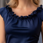Ruffled Neckline Ruched Side Cap Sleeves Blouse
