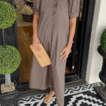 Women's Solid Puff Sleeve Button-Up Shirt Dress