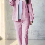 Solid Color Loose Fit Long Sleeve Button Pocket Top and Casual Pants Set