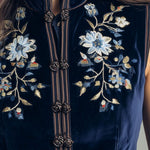 Boho Mandarin Collar Navy Velvet Embroidered Vest