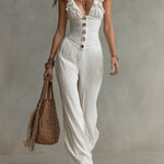 Vintage Pleated Chiffon Straight-leg Jumpsuit With Ruffled Trim