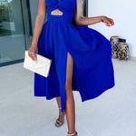 Deep V hollow large skirt slit suspender dress