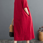 A-Line Loose Chinese Frog Buttons Pockets Solid Color Split-Side V-Neck Midi Dresses