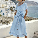 Women'S Casual Solid Color Dress With Hollow-Out Lace Patchwork