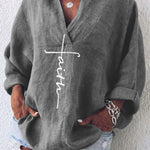 Women's Faith Printed Casual Long Sleeve V-Neck Cotton And Linen Shirt