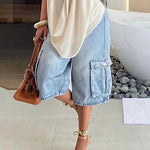 Loose Wide Leg Pockets Split-Joint Denim Half Pants