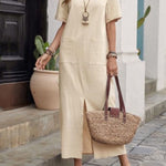 High Waisted Loose Pockets Solid Color Split-front Round-neck Midi Dresses
