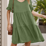 A-Line Flared Sleeves Pleated Pockets Ruffled Solid Color Split-Joint Round-Neck Mini Dresses