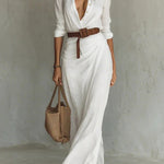 City Sleek Single Breasted Long Sleeve Warp Slit Shirt Maxi Dress