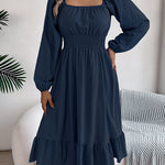A-Line Elasticated Waist Pleated Ruffled Solid Color Square-Neck Midi Dresses