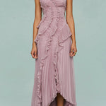 Dream Ode Lily Pad Style Pleats and Ruffles Halter Gown Maxi Dress