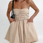 A-Line High Waisted Elasticity Pleated Pockets Solid Color Tube Mini Dresses