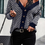 Long Sleeve V Neck Open Front Striped Knit Cardigan Sweaters