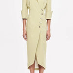 Elegant Look Linen Blend Stand Lapel Neck Half Sleeve Side Button Midi Dress
