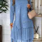 Taylor Knit Turtleneck Zip-up Top and Elastic Waist Tulle Loose Midi Skirt Set