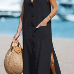 Cotton And Linen Sleeveless Solid Loose V-neck Maxi Dress