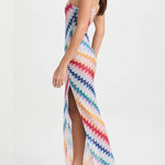 Vacay Charm Knit Colorful Zigzag Pattern One Shoulder Slit Maxi Dress